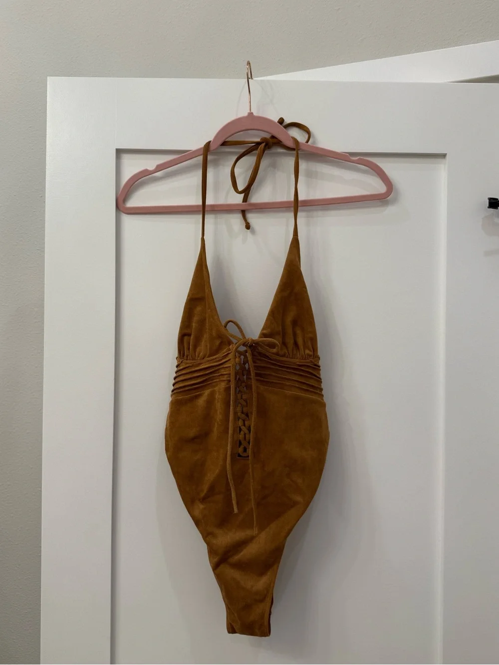 Frankie’s Bikinis x Bella Hadid Suede One Piece Swimsuit Bodysuit